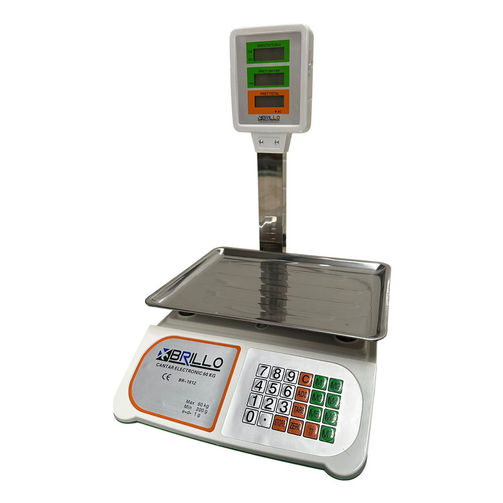 Cantar electronic Brillo 60kg, afisaj dublu LCD, platan inox, acumulator si incarcator incluse