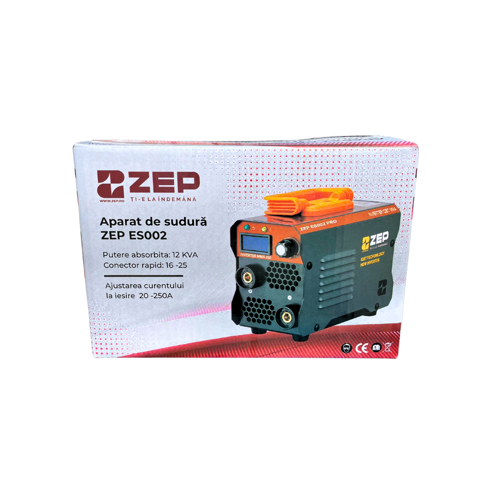 Aparat sudura ZEP ES002, 250A, Invertor MMA, electrod 1.6–5 mm, 12 KVA, conector 16-25