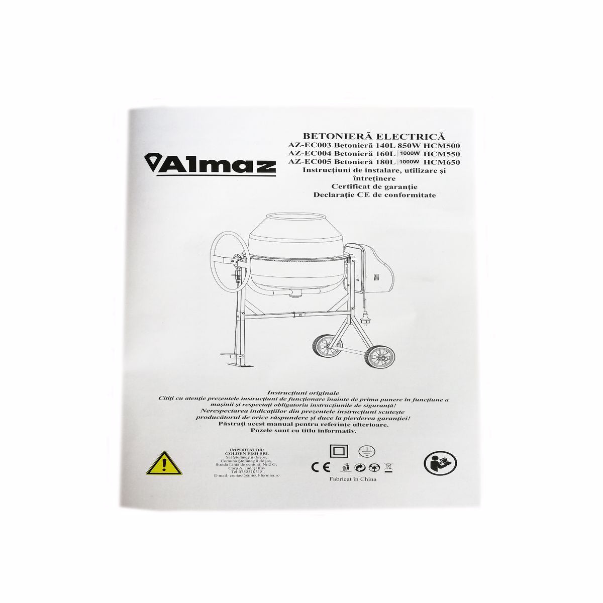 Betoniera electrica Almaz 180L, 1000W, 28 rpm, coroana fonta, cuva otel