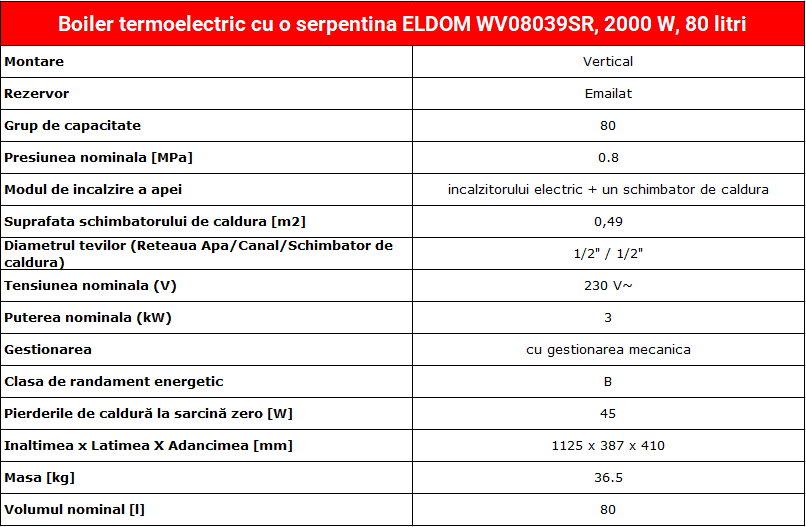 Boiler termoelectric cu o serpentina ELDOM WV08039SR, 2000 W, 80 litri, serpentina pe partea dreapta, 0.8 Mpa