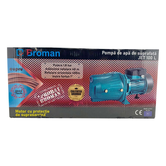 Pompa Hidrofor Broman JET100L, 1CP, 60 l/min, Refulare 48 m, Aspiratie 9 m, Corp Fonta