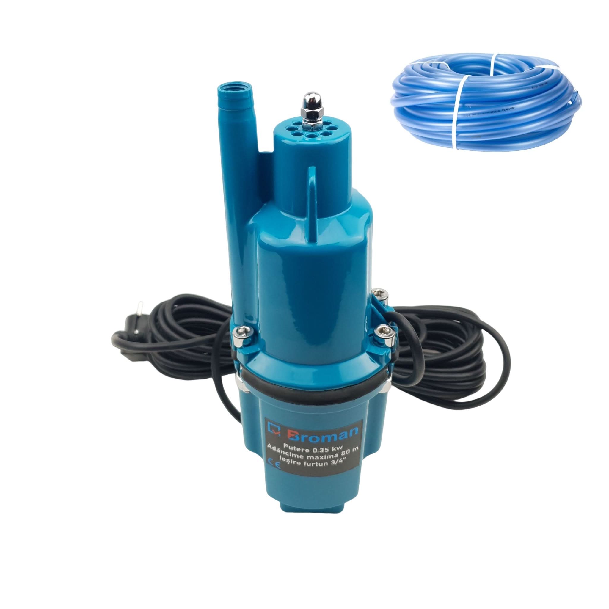 Set Pompa submersibila pe vibratii Broman 350W, 80m + Furtun gradina PVC 3/4 inch, 50m