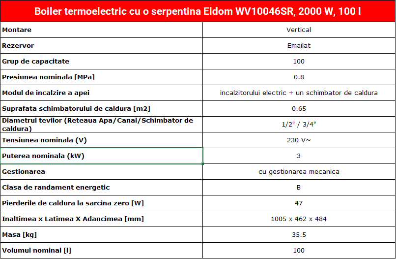 Boiler termoelectric cu o serpentina Eldom WV10046SR, 2000 W, 100 l, serpentina pe partea dreapta, 0.8 Mpa