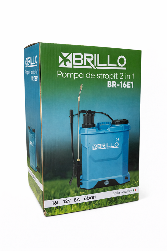 Pompa de stropit BRILLO 2 in 1, 16L, electrica si manuala, baterie 12V 8Ah, 6 bari, lance inox