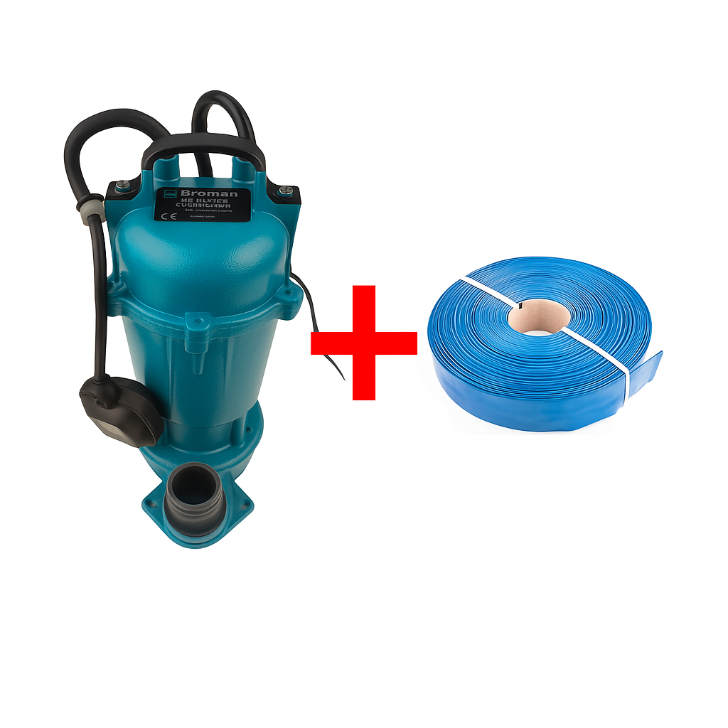 Pachet Pompa submersibila BROMAN WQCD 2.8 kW cu tocator si flotor + Furtun refulare plat PVC 2" 50 m