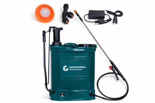 Pompa de stropit PROFESIONALA Gospodarul Profesionist 16L, 2 in 1 – electrica cu baterie + actionare manuala, lance inox, 3 duze incluse
