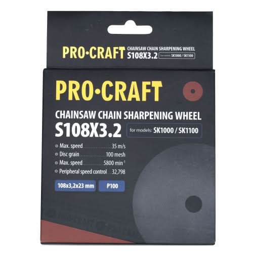 Disc de ascutit pentru ascutitor cu lant S108x23x3.2 GRANULATIE P100, NUMAR ROTATII 5800 RPM PROCRAFT