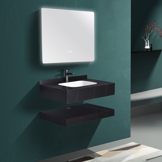 Set Mobilier Baie Sandonna LUMI Negru, Lavoar Piatra Sinterizata, Oglinda LED, Raft, 100x50x15 cm