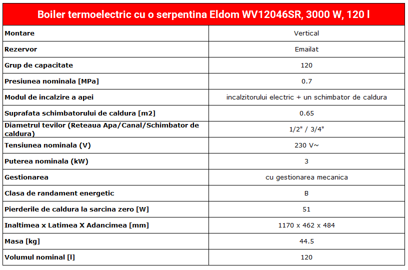 Boiler termoelectric cu o serpentina Eldom WV12046SR , 3000 W, 120 l, serpentina pe partea dreapta, 0.8 Mpa