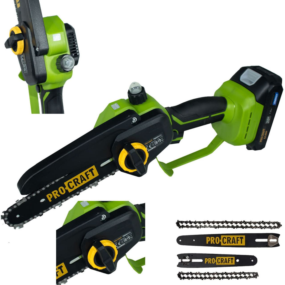 Fierastrau cu lant pe acumulator Procraft PKA44, 21V, 1.5Ah, 2 lame, 2 lanturi, ungere automata