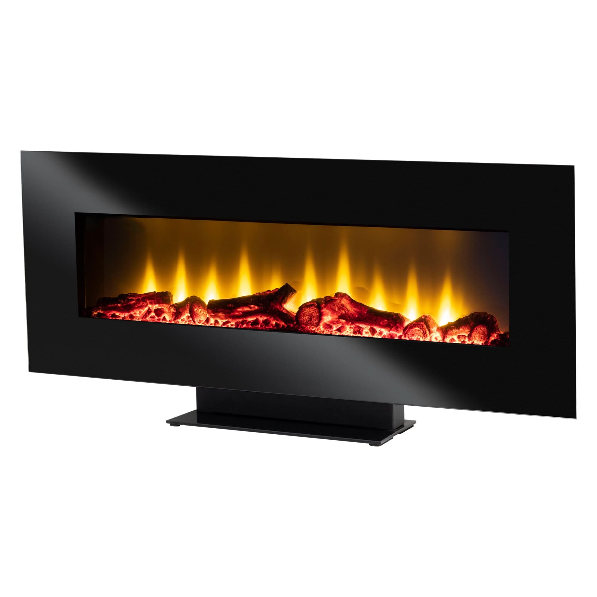 Semineu electric FKK 24, 1800W, montaj perete sau pe picior, efect flacara reala, termostat digital, program saptamanal, sticla securizata, negru