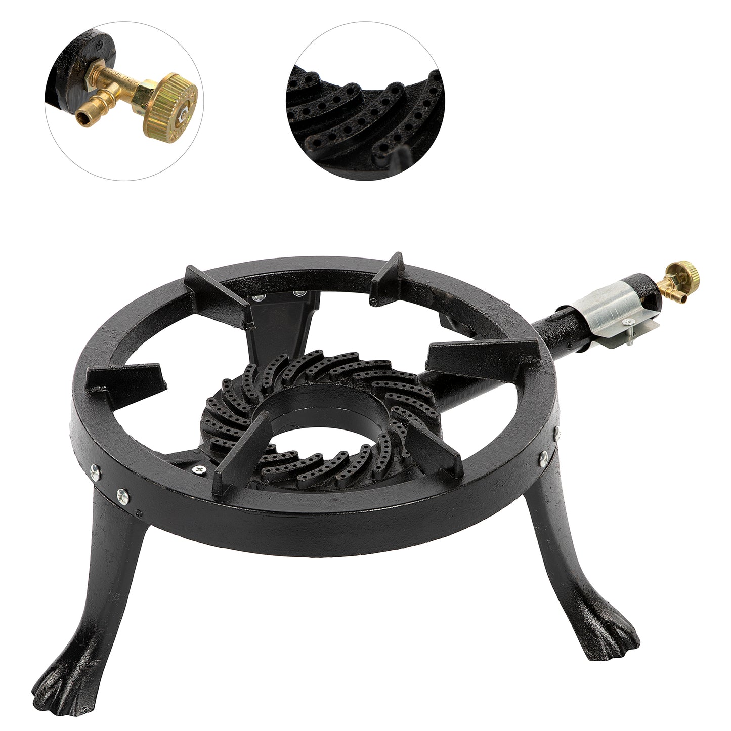 Pachet arzator ZEP pirostrie 3 picioare fonta  + Set regulator reglabil butelie GPL cu furtun 2 m si accesorii