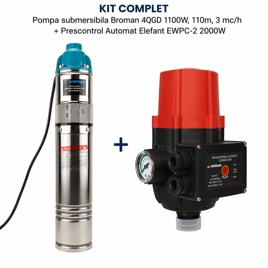 Kit pompa submersibila Broman 1100W, 110m + prescontrol 2000W, 1 inch
