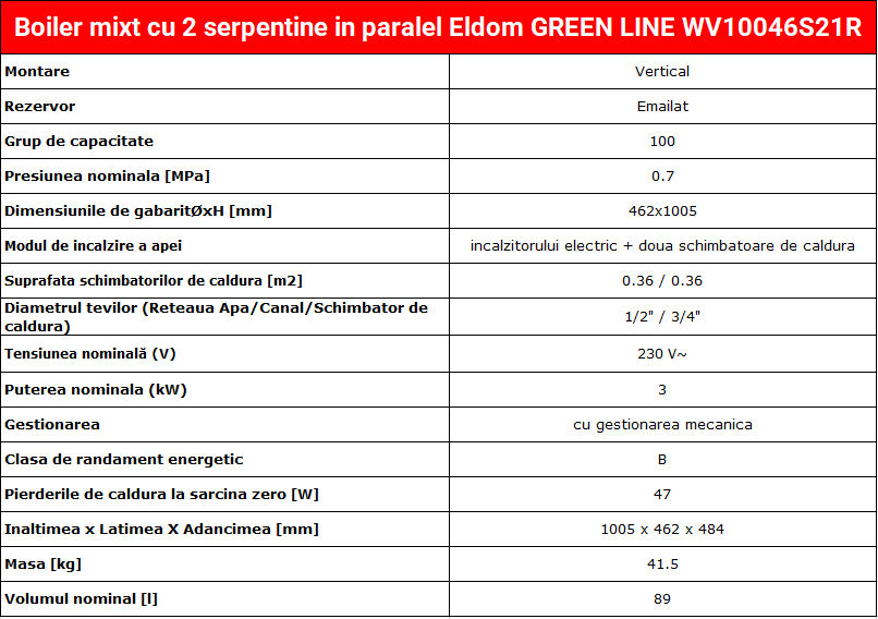 Boiler mixt cu 2 serpentine in paralel Eldom GREEN LINE WV10046S21R , capacitate 100 l, 2 kW