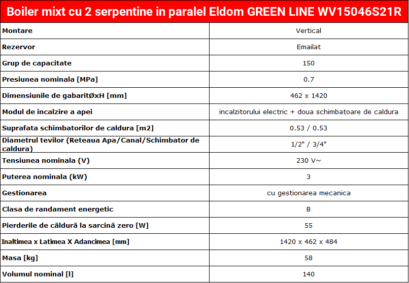 Boiler mixt cu 2 serpentine in paralel Eldom GREEN LINE WV15046S21R 150 L, 3 Kw