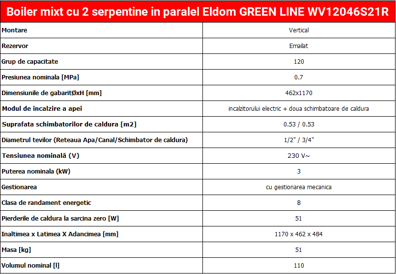 Boiler mixt cu 2 serpentine in paralel Eldom GREEN LINE WV12046S21R 120 L, 3 K