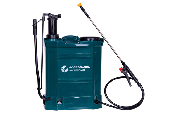 Pompa de stropit PROFESIONALA Gospodarul Profesionist 16L, 2 in 1 – electrica cu baterie + actionare manuala, lance inox, 3 duze incluse