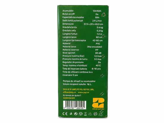 Pompa de Stropit cu Acumulator ZEP 16L, 12V 8Ah, 5.5 Bar, Lance Inox Telescopica, Regulator Presiune