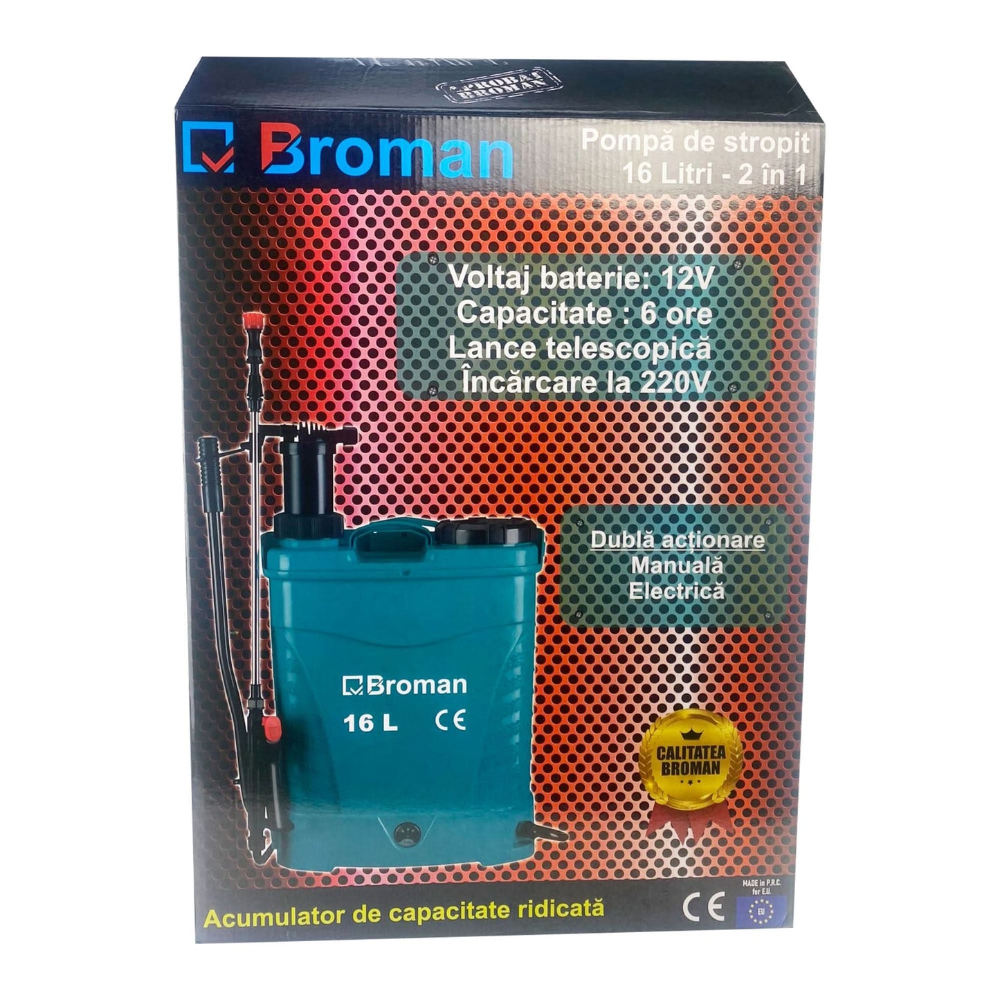 Pompa de Stropit Electrica si Manuala Broman, 16L, 12V, Lance Telescopica, 3 Capuri, Ham Inclus