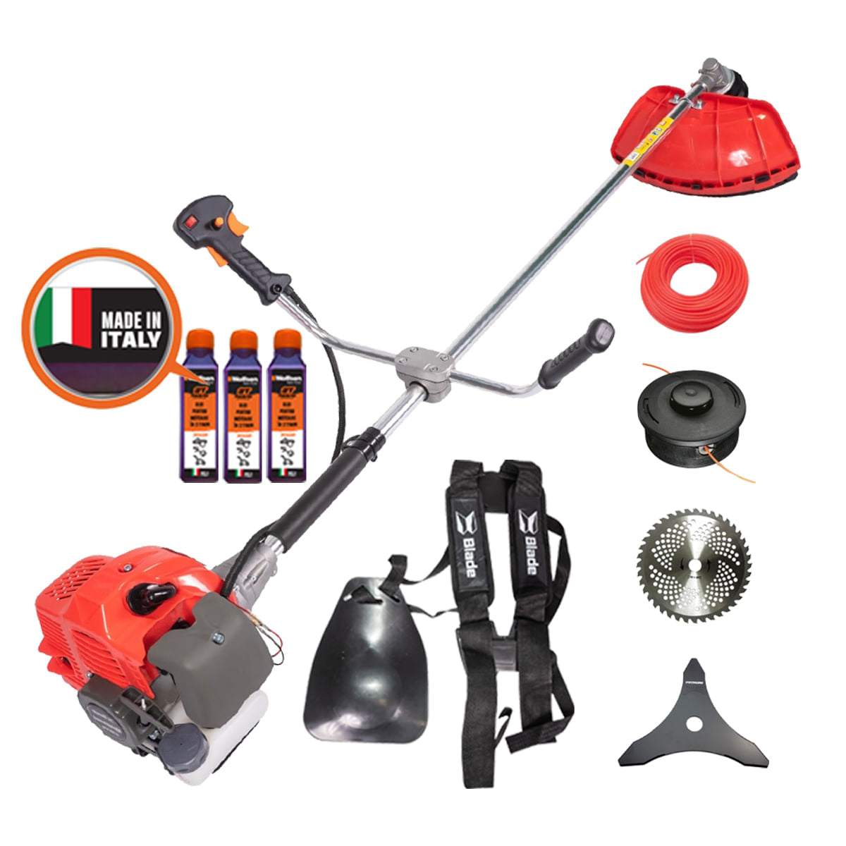 Motocoasa benzina Blade Alpin 520, 3CP, 52cc, 7 accesorii, ham profesional, 3 uleiuri incluse