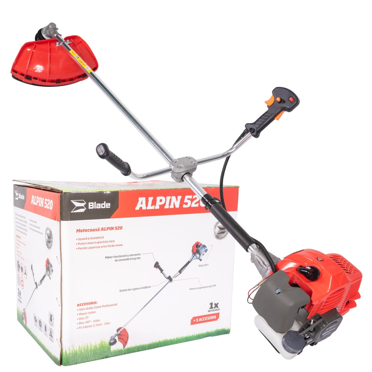 Motocoasa benzina Blade Alpin 520, 3CP, 52cc, 7 accesorii, ham profesional, 3 uleiuri incluse