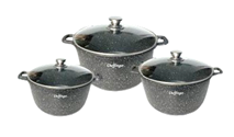 Set 3 cratite cu capac, acoperire cu marmura, anti lipire, 2 buc manusi incluse, 24-28-32cm/3.5L-5.7L-13.2L, gaz, electric, ceramic, halogen, inductie