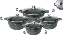 Set 4 cratite cu capac, acoperire cu marmura, anti lipire, 20-24-28-32cm/2L-3.5L-5.7L-8.6L, gaz, electric, ceramic, halogen, inductie