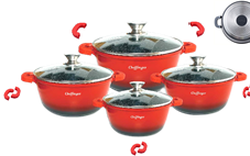 Set 4 cratite cu capac, acoperire cu marmura, anti lipire, 20-24-28-32cm/2L-3.5L-5.7L-8.6L, gaz, electric, ceramic, halogen, inductie