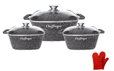 Set 3 cratite cu capac, acoperire cu marmura, anti lipire, 2 buc manusi incluse, 20-24-28cm/2L-3.5L-5.7L, gaz, electric, ceramic, halogen, inductie