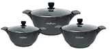 Set 3 cratite cu capac, acoperire cu marmura, anti lipire, 20-24-28cm/2L-3.5L-5.7L, gaz, electric, ceramic, halogen, inductie, black, copper