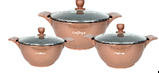 Set 3 cratite cu capac, acoperire cu marmura, anti lipire, 20-24-28cm/2L-3.5L-5.7L, gaz, electric, ceramic, halogen, inductie, black, copper
