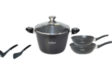 Set cratita cu capac 24 cm, 2 tigai 24/28 cm, 2 ustensile bucatarie, compatibile cu gaz, electric, ceramic, halogen, inductie