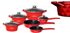 Set 6 cratite, acoperire cu marmura, anti-lipire, anti-zgariere, Diamond Red, 18-20-24-28 cm, 1.6L-2L-3.5L-5.7L, compatibile cu gaz, electric, ceramic, halogen, inductie