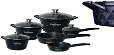 Set 6 cratite, acoperire cu marmura, anti-lipire, anti-zgariere, Diamond Black, 18-20-24-28 cm, 1.6L-2L-3.5L-5.7L, compatibile cu gaz, electric, ceramic, halogen, inductie