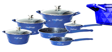 Set 6 cratite, acoperire cu marmura, anti-lipire, anti-zgariere, Diamond Blue, 18-20-24-28 cm, 1.6L-2L-3.5L-5.7L, compatibile cu gaz, electric, ceramic, halogen, inductie