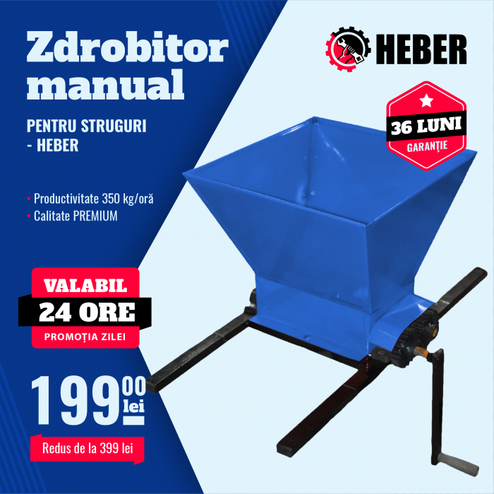 Zdrobitor struguri HEBER, manual, capacitate 300-500 kg/h, cuva 25 l