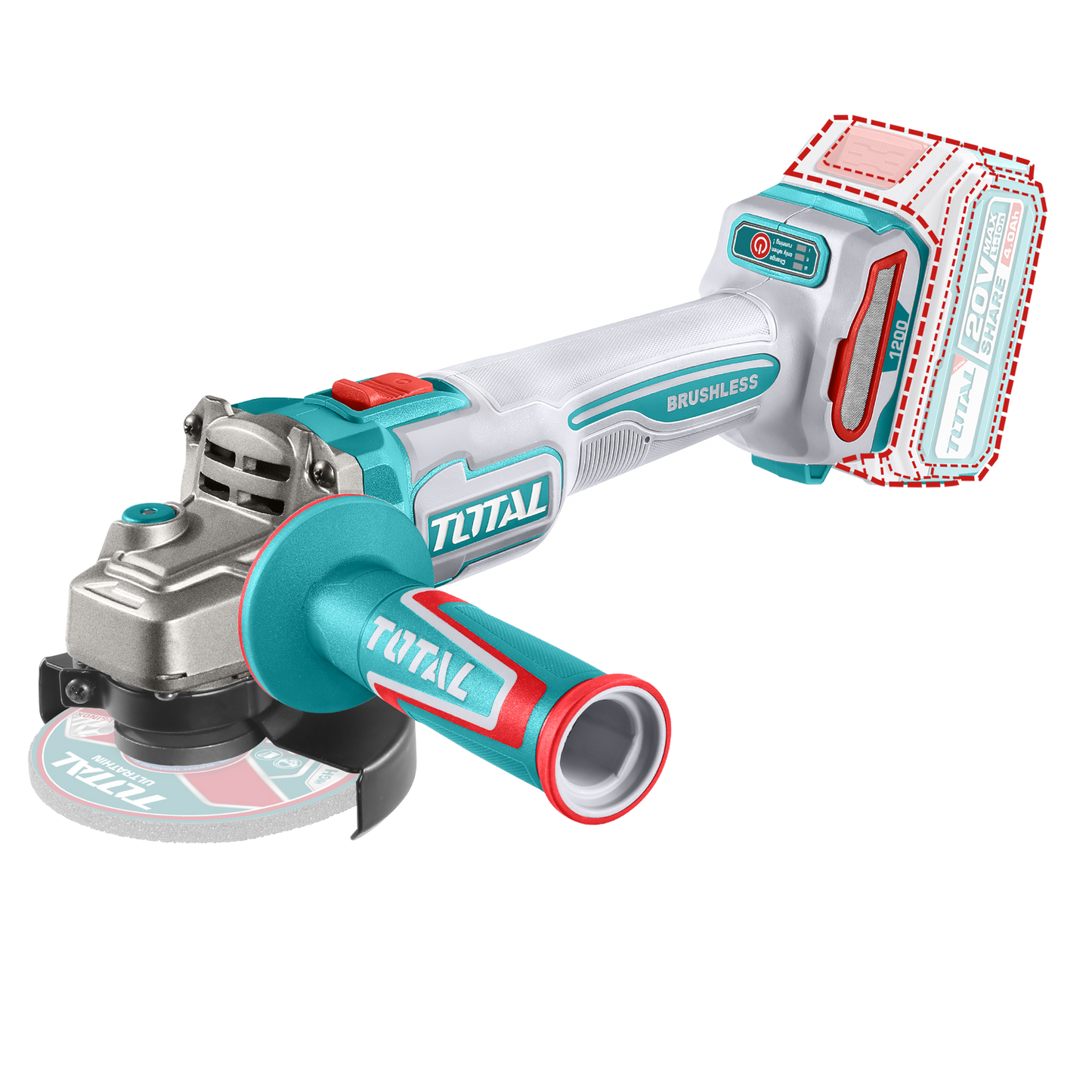 Polizor unghiular TOTAL 125 mm, 20V, motor brushless, protectie la suprasarcina, fara acumulator si incarcator