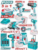 Set 5 unelte TOTAL 20V Industrial Brushless, 2 baterii 4.0Ah, incarcator si accesorii