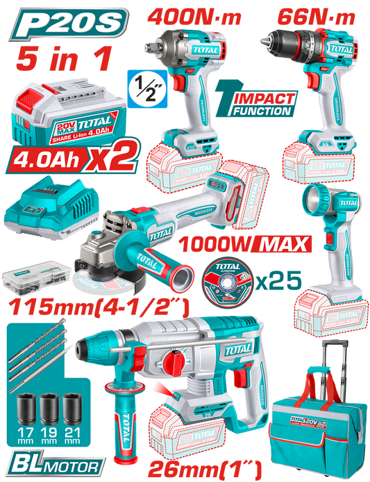 Set 5 unelte TOTAL 20V Industrial Brushless, 2 baterii 4.0Ah, incarcator si accesorii