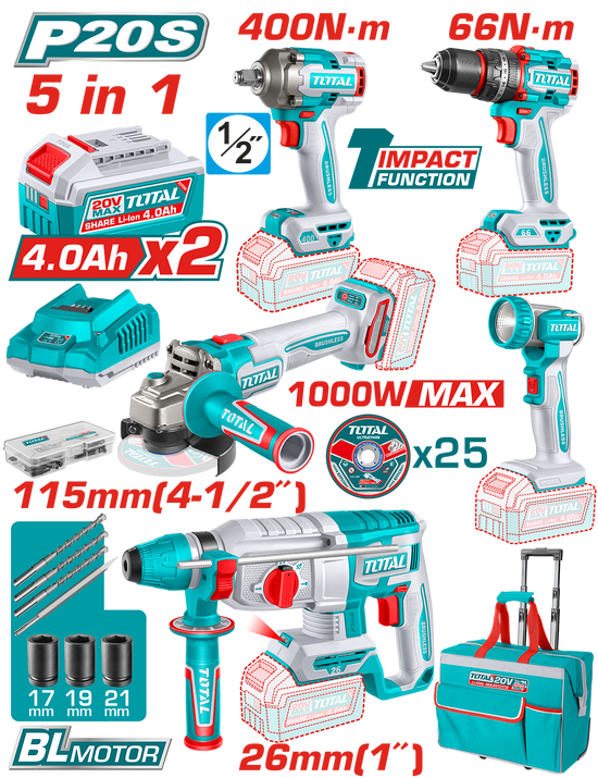 Set 5 unelte TOTAL 20V Industrial Brushless, 2 baterii 4.0Ah, incarcator si accesorii