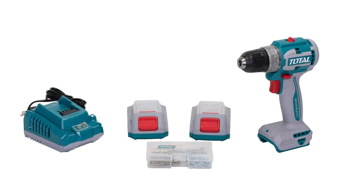 Masina de gaurit cu acumulator TOTAL 20V, motor fara perii, 2 acumulatori Li-Ion 2.0Ah, incarcator rapid si 47 accesorii