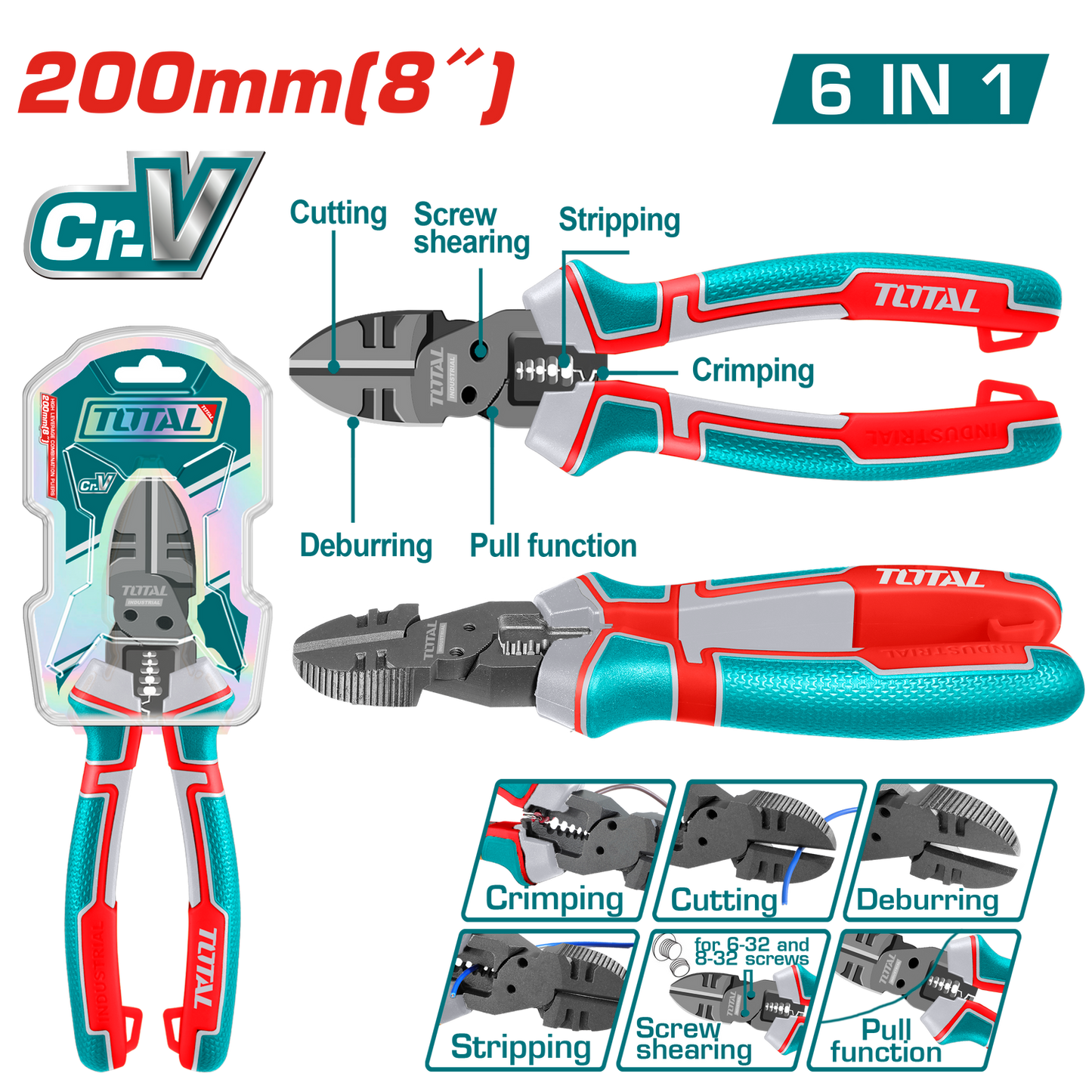 Cleste multifunctional TOTAL 6 in 1, industrial, Cr-V, 200 mm
