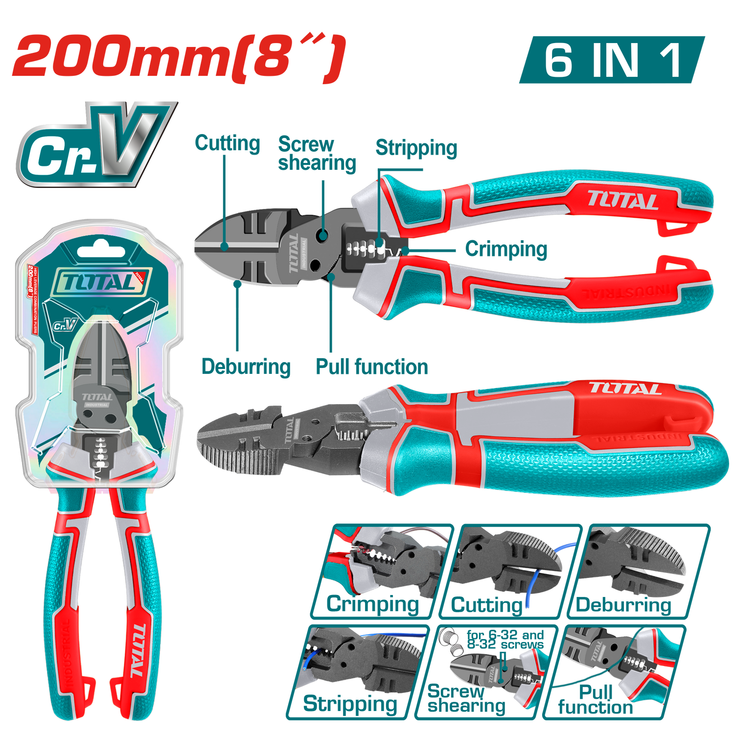 Cleste multifunctional TOTAL 6 in 1, industrial, Cr-V, 200 mm