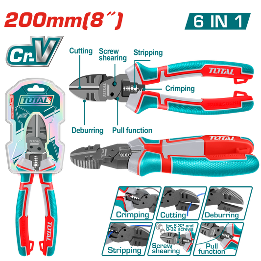 Cleste multifunctional TOTAL 6 in 1, industrial, Cr-V, 200 mm