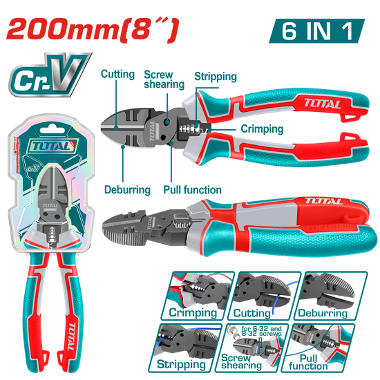 Cleste multifunctional TOTAL 6 in 1, industrial, Cr-V, 200 mm