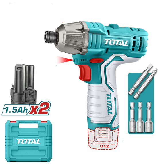 Masina de insurubat cu impact TOTAL 12V, 100 Nm, 2 acumulatori 1.5Ah