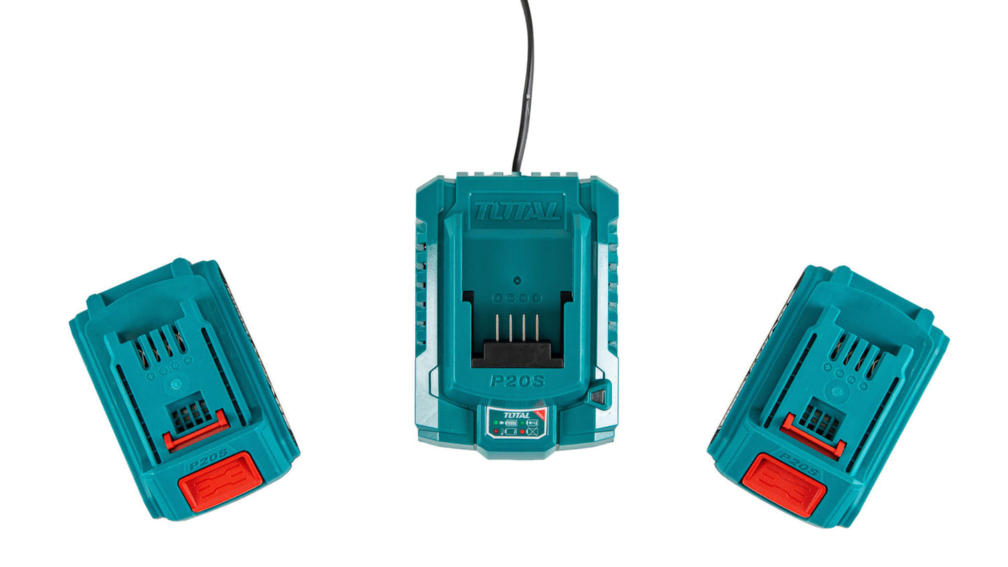 Set profesional TOTAL 20V: pistol vopsit, pistol cuie, 2 baterii 2Ah, incarcator si accesorii