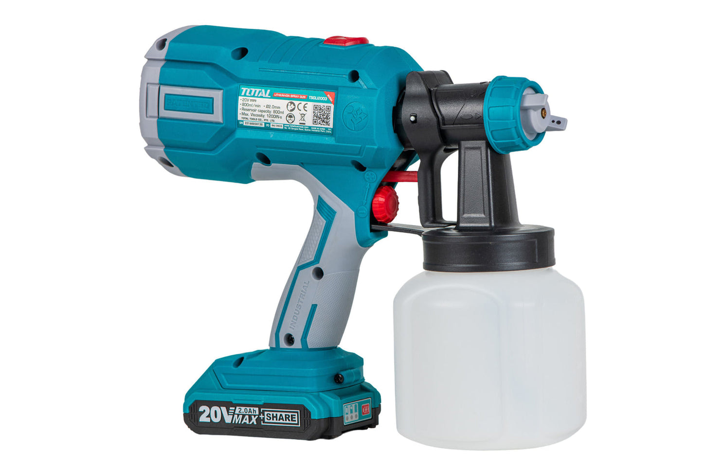 Set profesional TOTAL 20V: pistol vopsit, pistol cuie, 2 baterii 2Ah, incarcator si accesorii