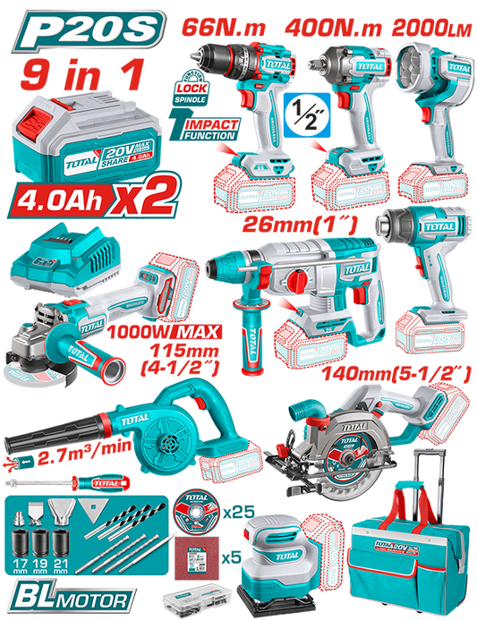 Kit Combo TOTAL 20V cu 9 unelte Brushless, 2 baterii 4Ah, incarcator si accesorii, geanta textila