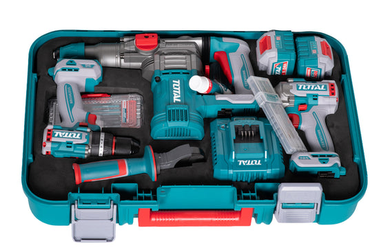 Kit Combo TOTAL 20V Brushless cu 3 unelte, 2 baterii 5.0Ah, incarcator si accesorii